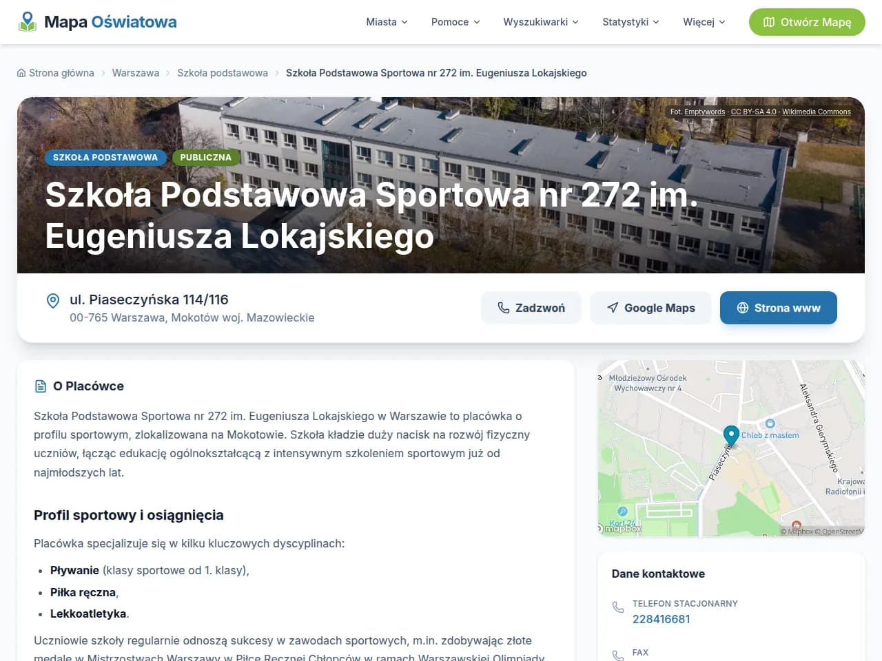 Strona szkoły podstawowej w serwisie: zdjęcie budynku z podpisem autora, nazwa, adres, przyciski Zadzwoń i Strona www, poniżej sekcja O Placówce