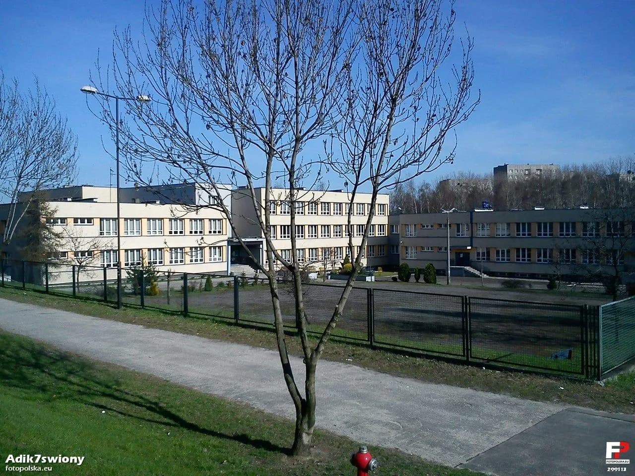 Widok na budynek Zespołu Szkół Ogólnokształcących w Świętochłowicach zza ogrodzenia i drzewa