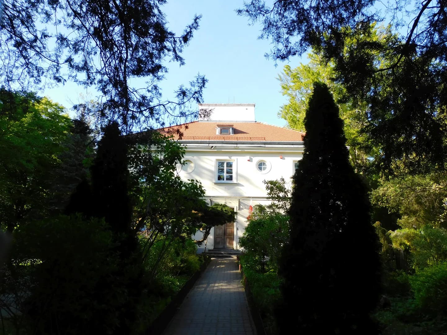 Elewacja budynku Przedszkola nr 42 w Warszawie widoczna zza drzew.
